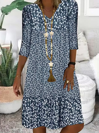 Damen Sommer Prinzessinnenkleid mit Blumenmuster, 3/4-Arm, Freizeit Midikleid, Bequem & Modisch