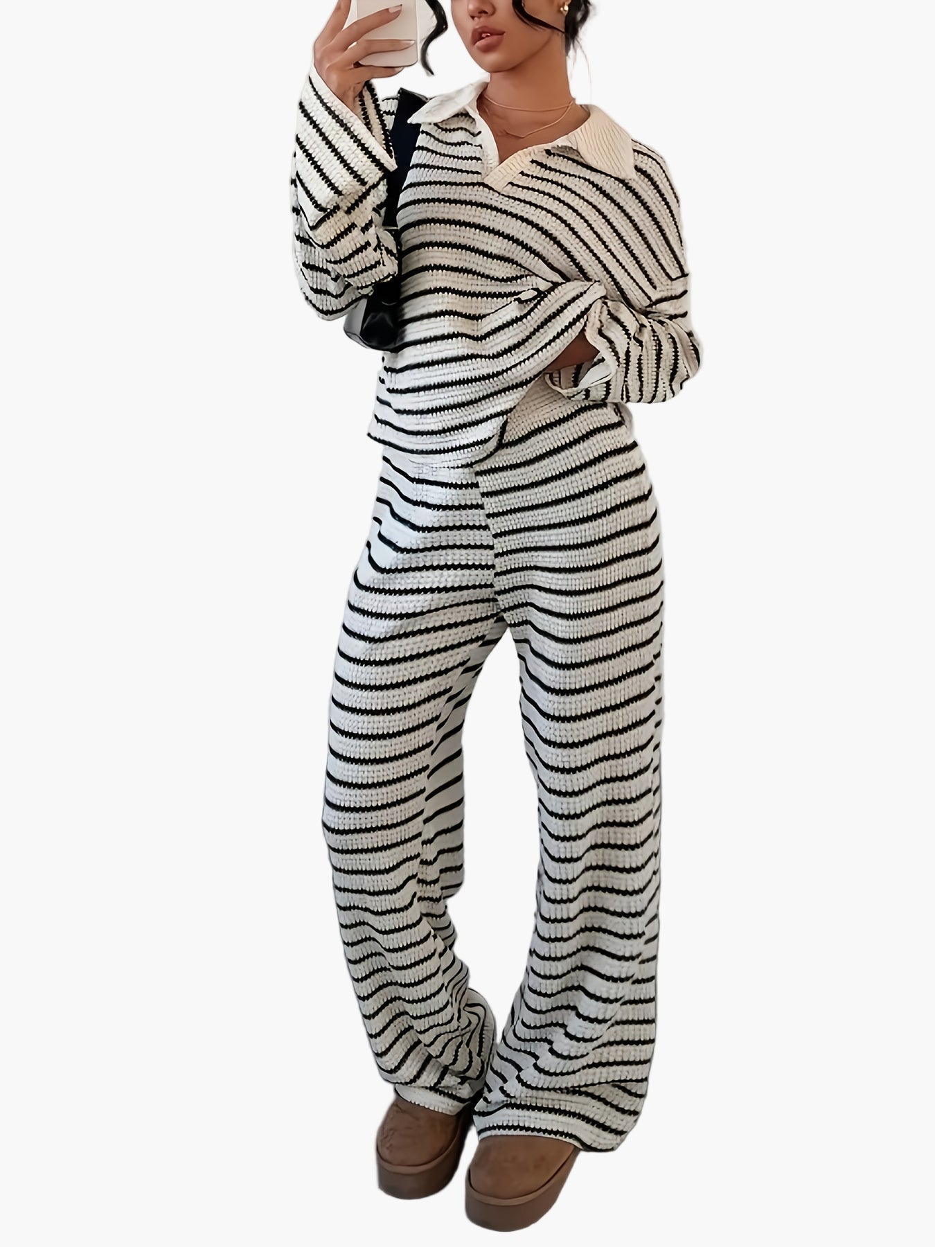 Damen Strick Zweiteiler Set Elegant Gestreift Lockerer Freizeit-Look für Herbst/Winter