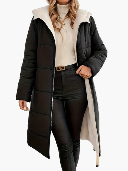 Damen Eleganter Winter Steppmantel mit Kapuze und Reißverschluss – Langer Freizeitmantel für Alltag und Büro
