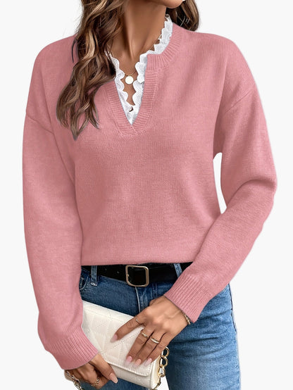 Damen Elegant Pullover mit V-Ausschnitt und Rüschenkragen – Perfekt für Alltag & Büro