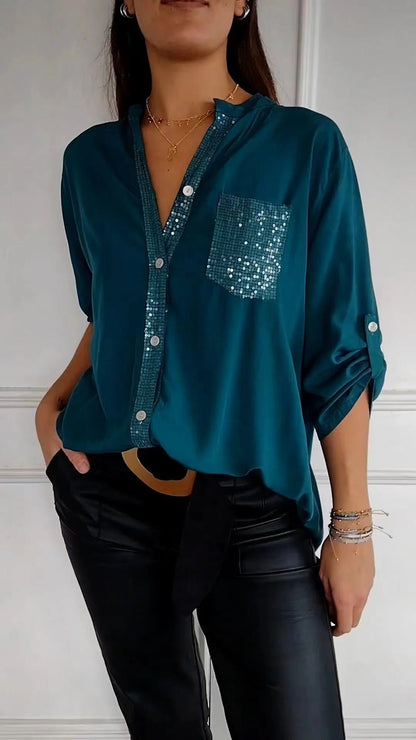 Carol – Lässiges Button-Down Langarmshirt mit Pailletten-Taschen Design