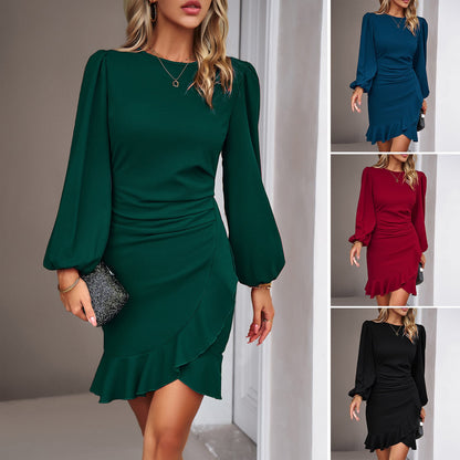 Rachel – Elegantes kurzes Kleid mit Puffärmeln in einfarbigem Design