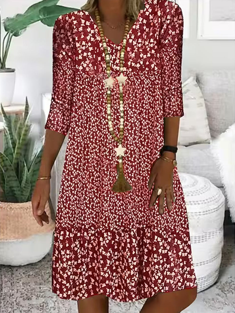 Damen Sommer Prinzessinnenkleid mit Blumenmuster, 3/4-Arm, Freizeit Midikleid, Bequem & Modisch