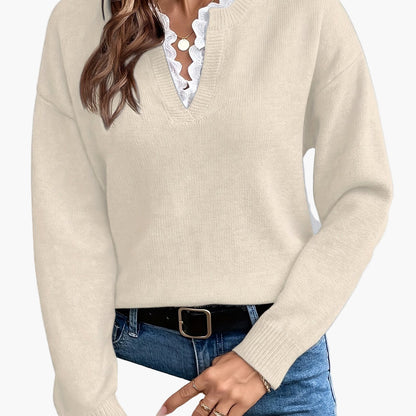 Damen Elegant Pullover mit V-Ausschnitt und Rüschenkragen – Perfekt für Alltag & Büro
