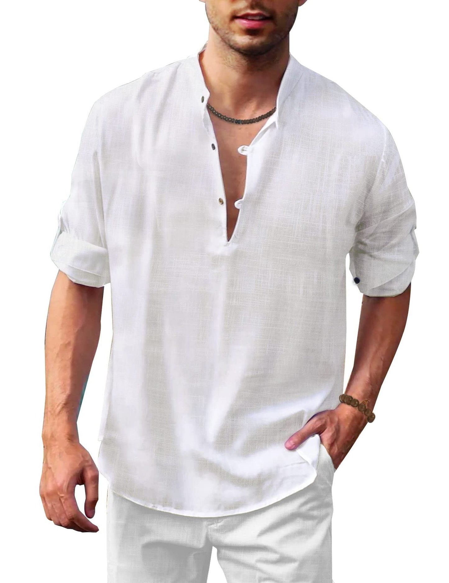Herren Leinen Freizeithemd mit Stehkragen – Lockere Passform, Langarm, Ideal für Strand und Alltag