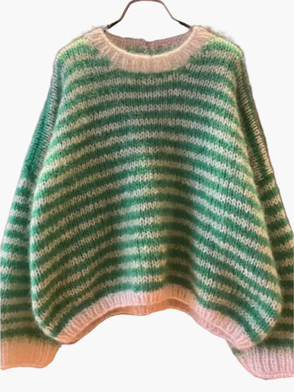 Damen Oversize Pullover Gestreift Lockerer Stil Herbst Winter Freizeit