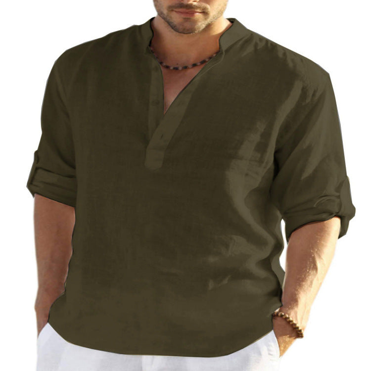Herren Henley Shirt Langarm – Casual Sommerhemd mit Stehkragen für Freizeit, Büro und Urlaub