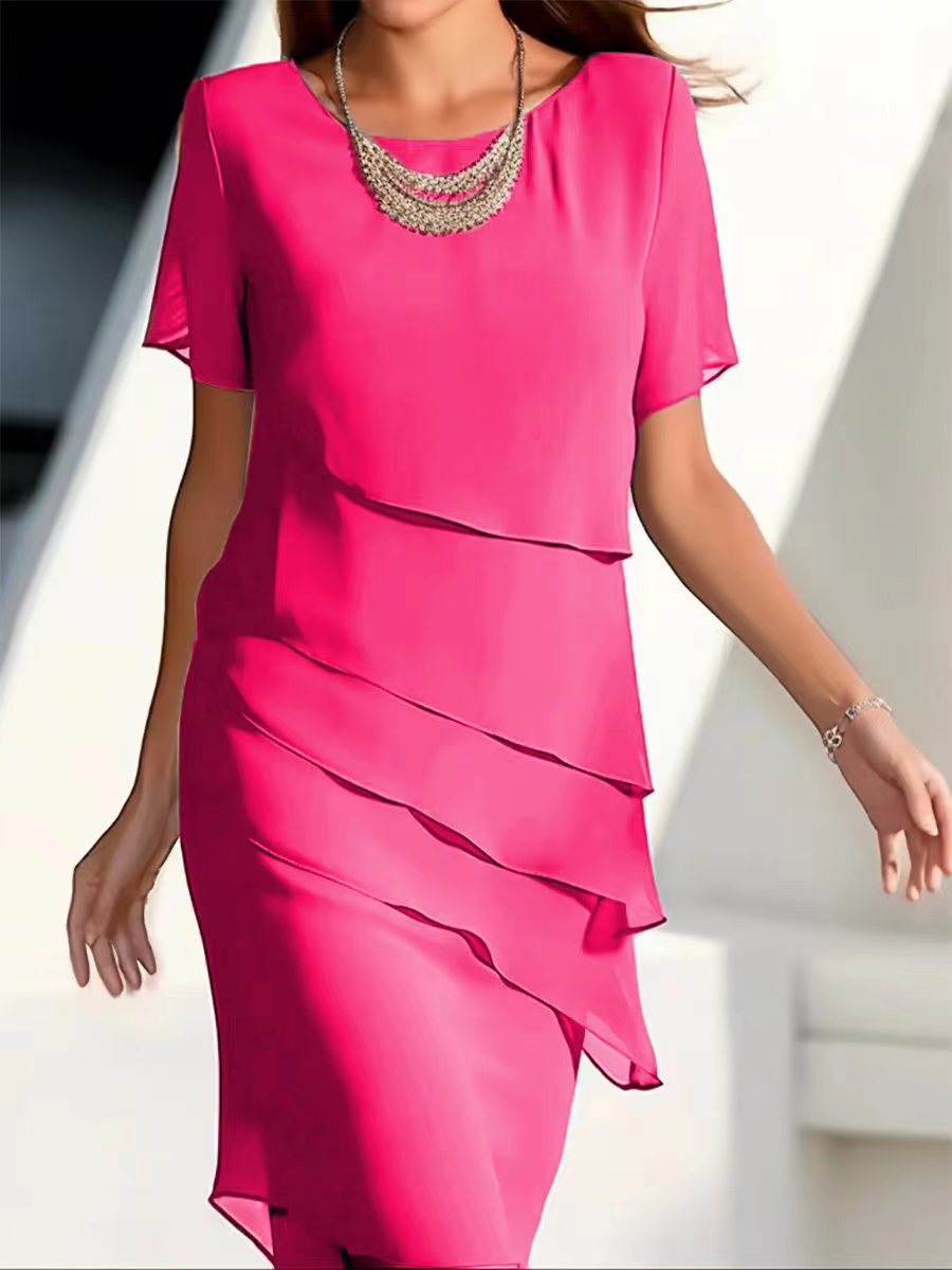 Tanya – Chiffon-Patchwork-Kleid mit rundem Ausschnitt und kurzen Ärmeln