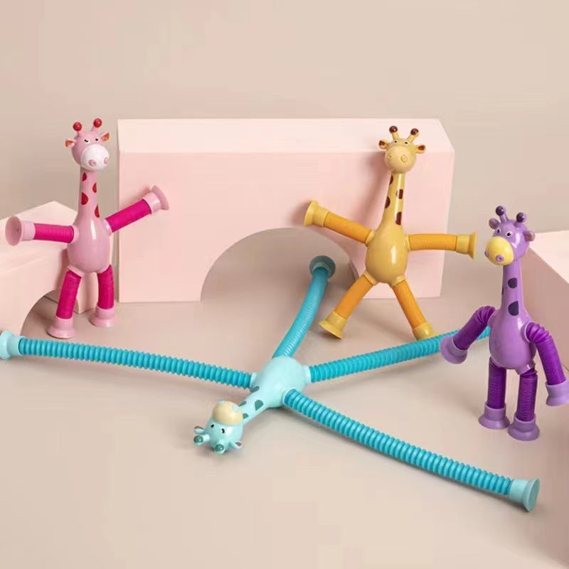 Kinder Cartoon Giraffe Fidget Spielzeug – Teleskopische Saugfuß Anti-Stress Spielfigur – Unisex, Sensorik Lernspielzeug