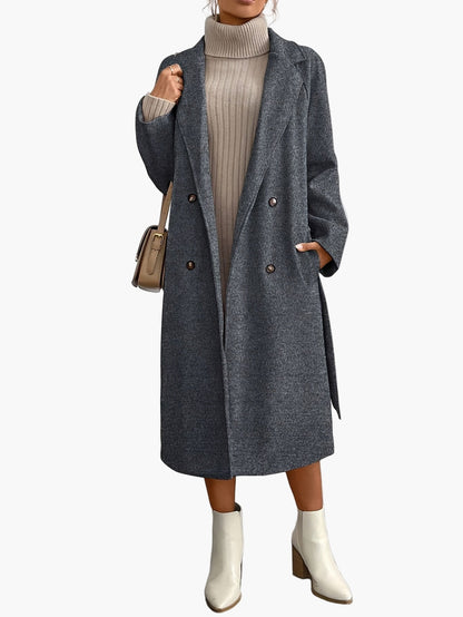 Damen Eleganter Wintermantel mit Gürtel und Taschen – Stilvoller Langmantel für Alltag & Büro