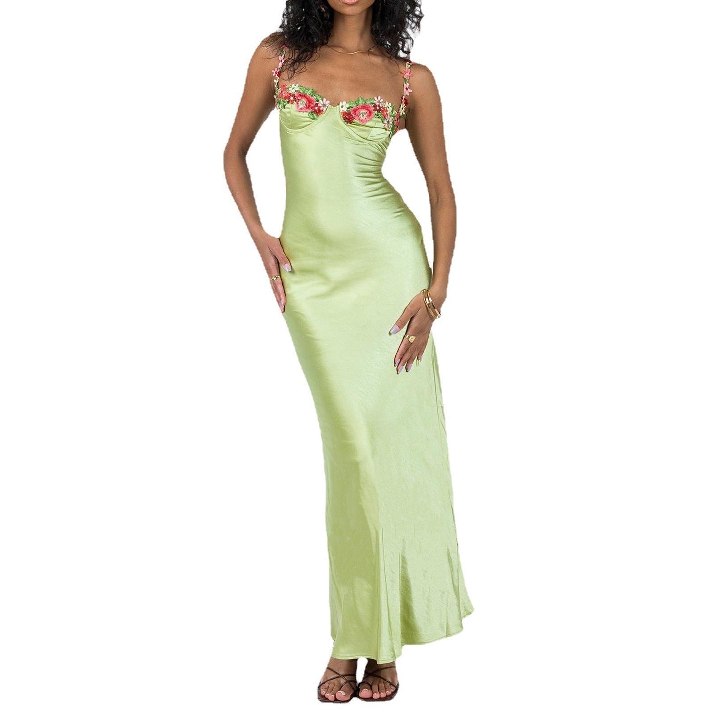 Damen Satin Maxikleid mit Blumenstickerei – Elegantes Abendkleid im Slip-Design