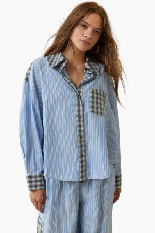 Damen Pyjama Zweiteiler – Modernes Streifen-Karo Design, Lässig & Bequem für Zuhause