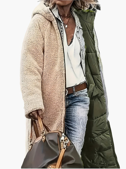 Damen Lange Steppjacke mit Kapuze und Teddyfutter – Modische Winterjacke für Alltag und Reisen