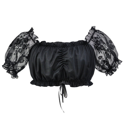 Damen Crop Top mit Puffärmeln und Spitze – Oktoberfest Elegantes Off-Shoulder Oberteil für trendbewusste Frauen