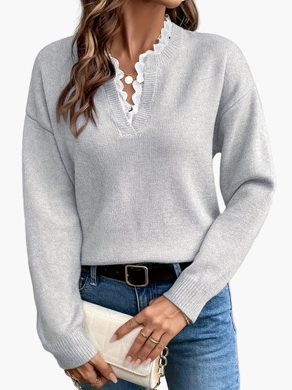 Damen Elegant Pullover mit V-Ausschnitt und Rüschenkragen – Perfekt für Alltag & Büro