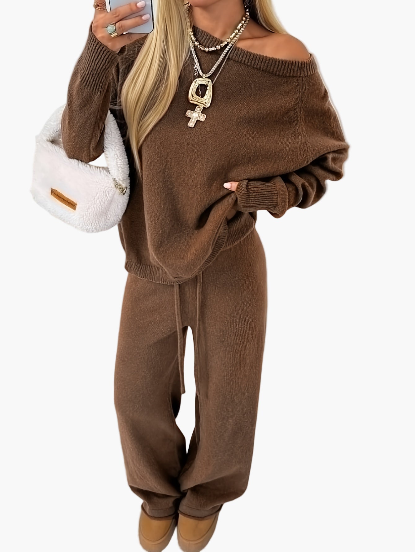 Damen Lounge Set Freizeit Zweiteiler mit weitem Schnitt – Bequemer Strickpullover und Hose, modisch für Herbst und Winter