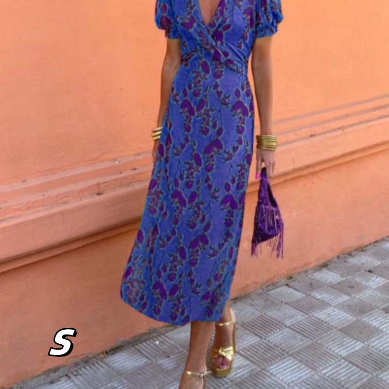 Dawn – Langes elegantes Slim V-Ausschnitt Kurzarmkleid mit Farbkontrastdruck