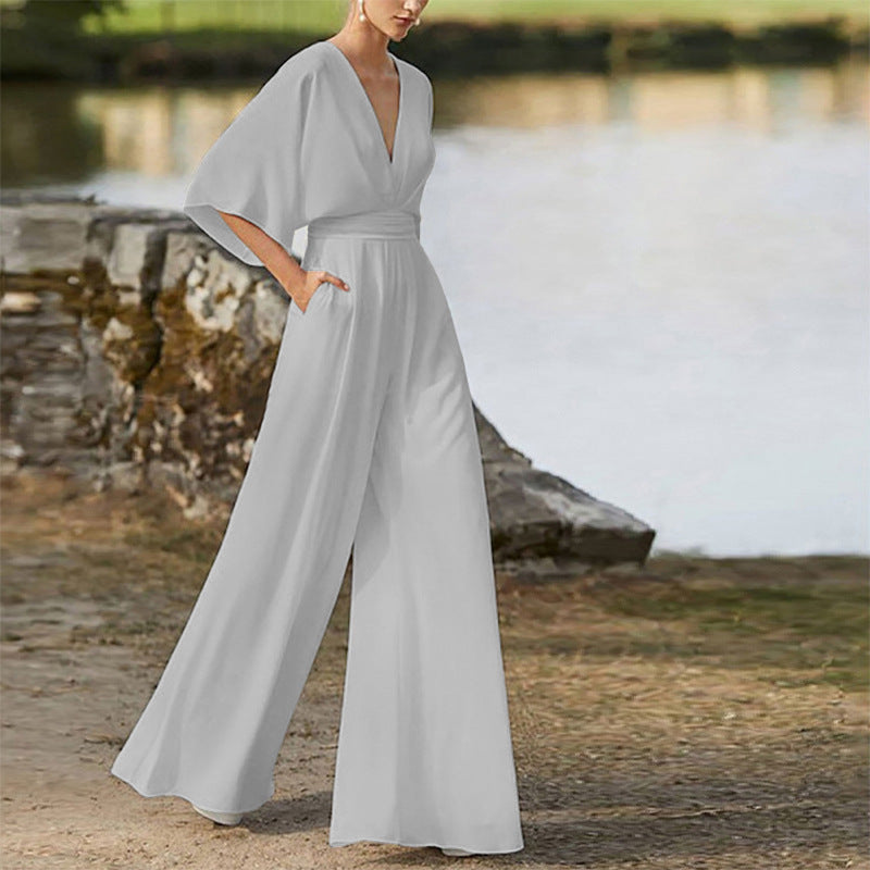 Michelle – Jumpsuit mit tiefem V-Ausschnitt und weitem Bein