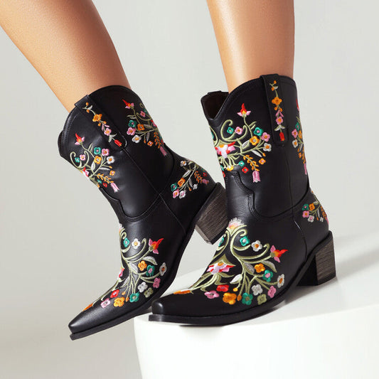 Duncan – Bestickte Ethno-Stil Retro Chunky Heel Stiefel