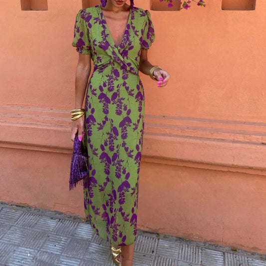 Dawn – Langes elegantes Slim V-Ausschnitt Kurzarmkleid mit Farbkontrastdruck