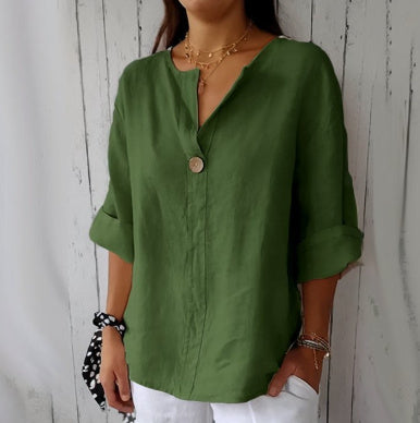 Rose – Lockere Damen T-Shirt mit V-Ausschnitt aus Baumwolle und Leinen mit Knopf