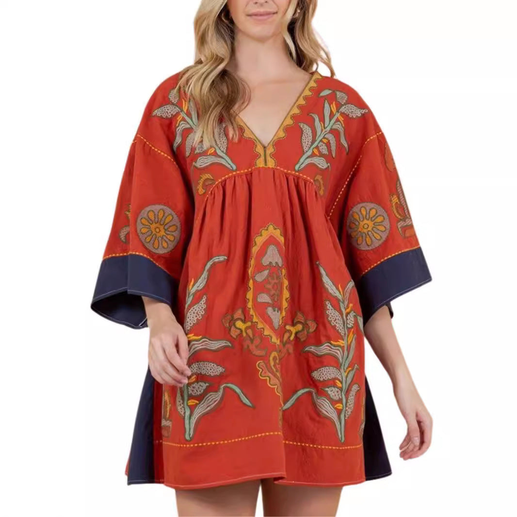 Janet – Blumengedrucktes V-Ausschnittkleid mit 34 Ärmeln