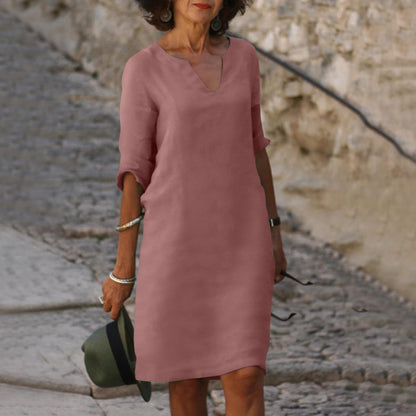 Abigail – Retro Sommerkleid aus Baumwolle und Leinen mit V-Ausschnitt
