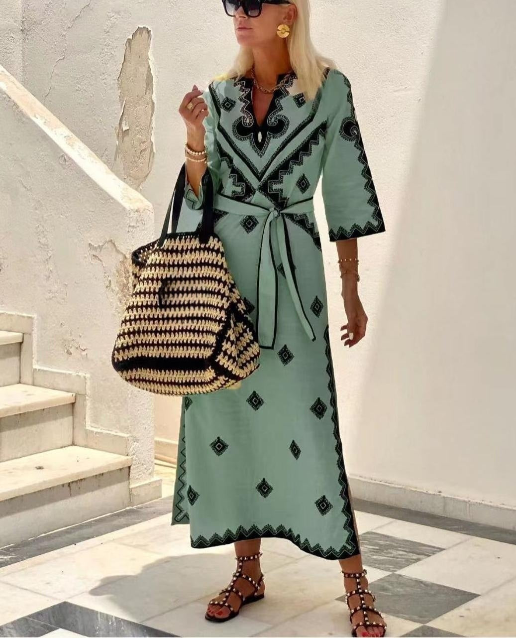 Phoebe – Bedrucktes Leinen Boho-Kleid