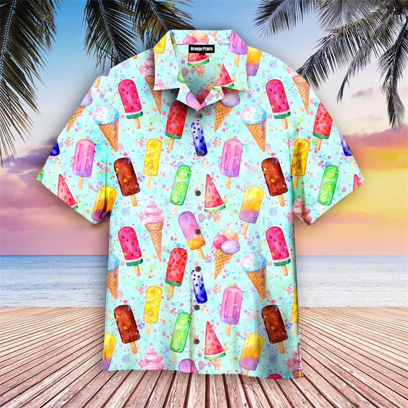 Herren Hawaiihemd mit Retro Eiscreme-Print – Buntes Kurzarm Freizeithemd für Sommer & Strand