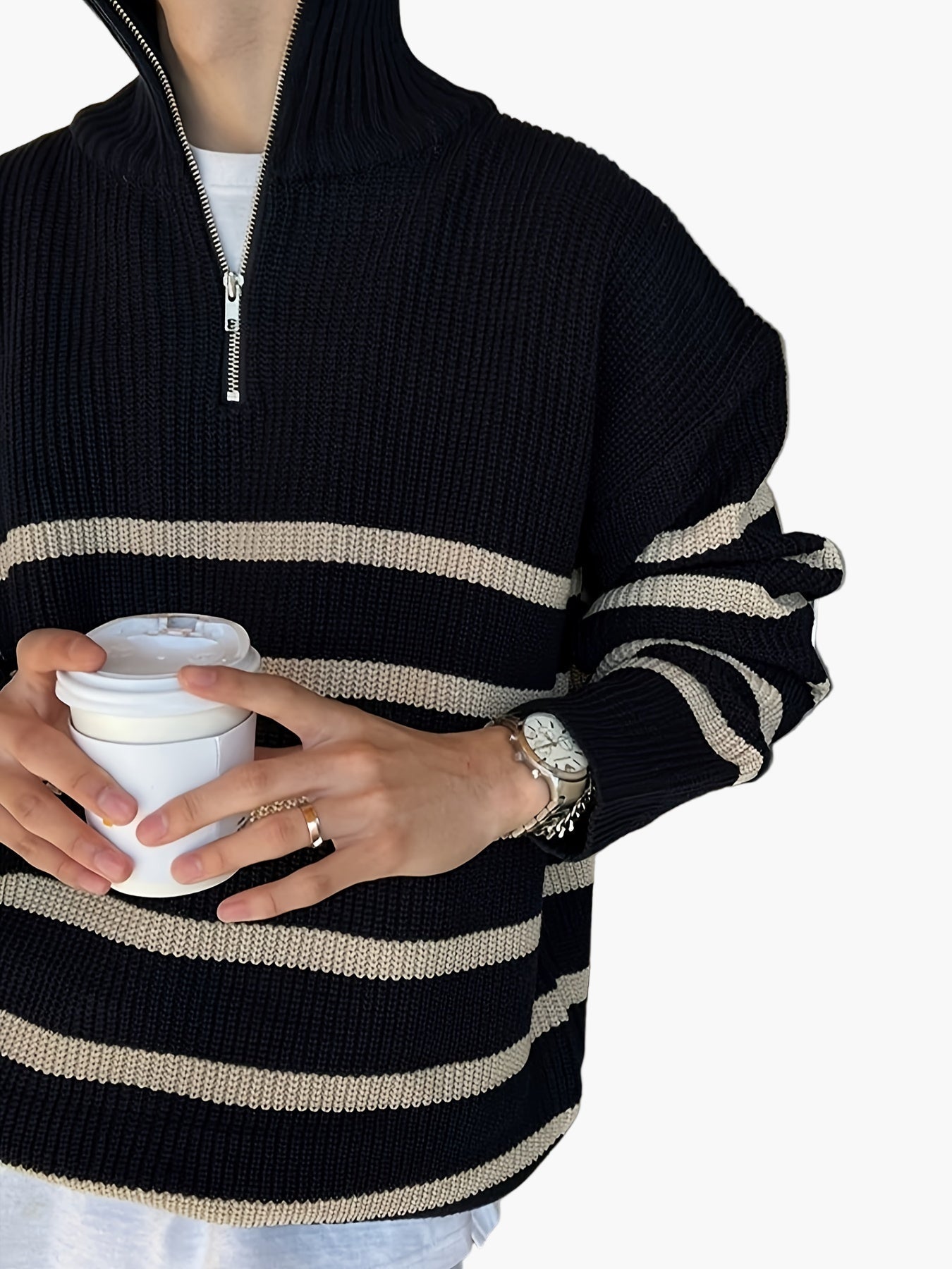 Herren Strickpullover mit Viertelreißverschluss und Streifen – Lässiger Herbst/Winter Look
