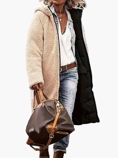 Damen Lange Steppjacke mit Kapuze und Teddyfutter – Modische Winterjacke für Alltag und Reisen