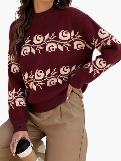 Damen Pullover Elegant mit Blumenmuster Jacquard – Ideal für Herbst & Winter