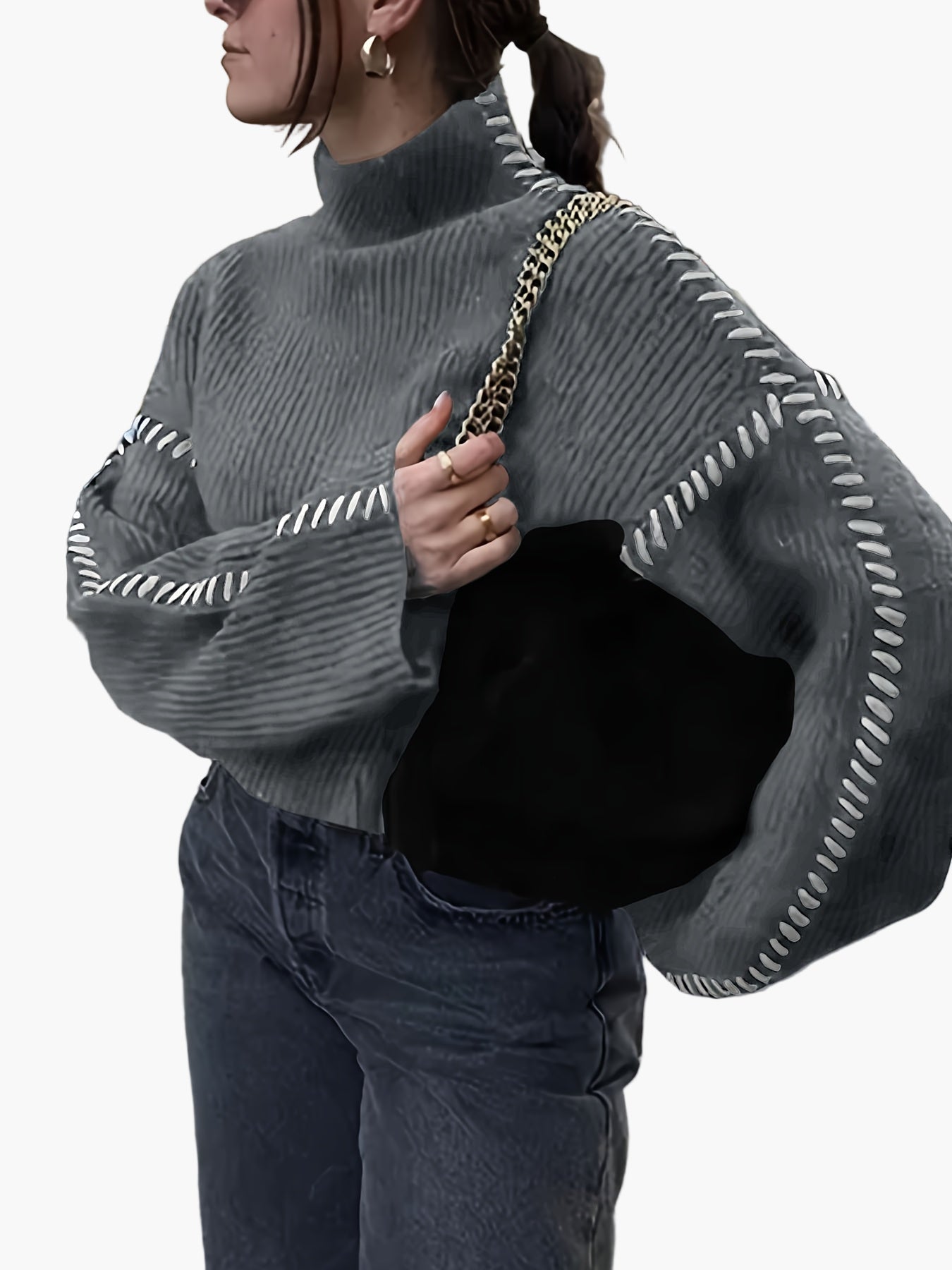 Damen Oversize Strickpullover mit Ziernähten und hohem Kragen – Modischer Herbst/Winter Sweater für trendbewusste Outfits