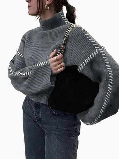 Damen Oversize Strickpullover mit Ziernähten und hohem Kragen – Modischer Herbst/Winter Sweater für trendbewusste Outfits