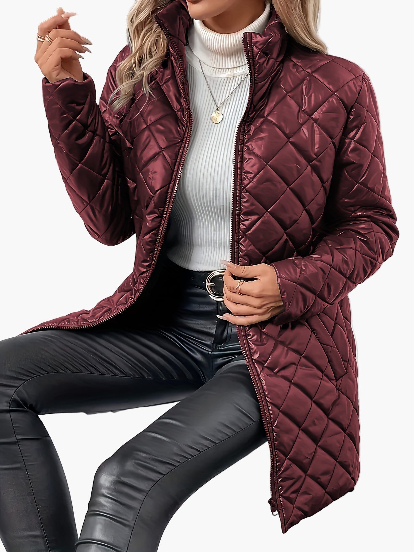 Damen Steppjacke mit modischem Rauten-Design und Stehkragen – Eleganter Übergangs-Style für Alltag und Freizeit