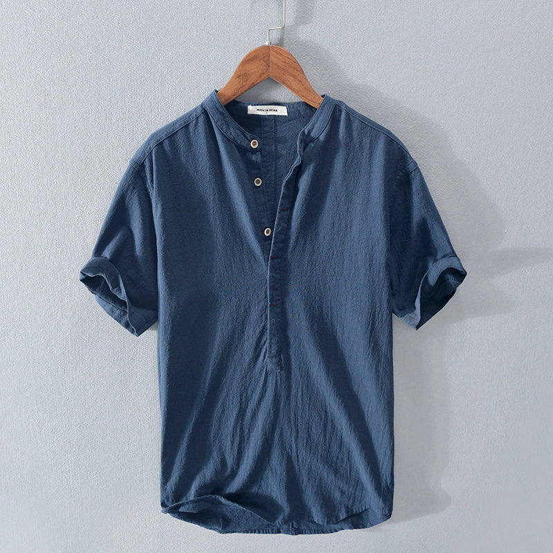 Steve – Herren T-Shirt mit Stehkragen aus japanischer Eis-Seide und Leinen