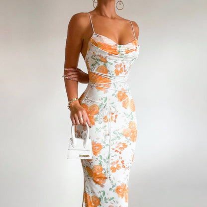 Alice – Bedrucktes Spaghetti-Träger-Kleid mit Schnürung