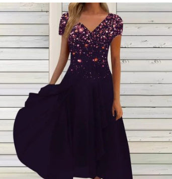 Damen Elegantes Chiffonkleid mit Blumenmuster und V-Ausschnitt – Festliche A-Linien Sommermode