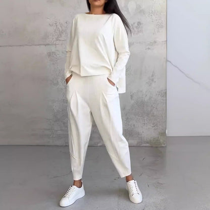 Janet – Unregelmäßiges Design Damenanzug mit Langarm-Sweater und Haremshose