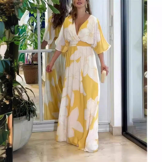 Damen Maxikleid Elegant Blumendruck Sommer Boho Stil für Freizeit und Urlaub