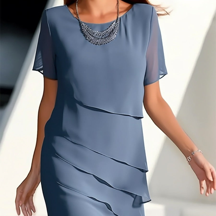 Tanya – Chiffon-Patchwork-Kleid mit rundem Ausschnitt und kurzen Ärmeln