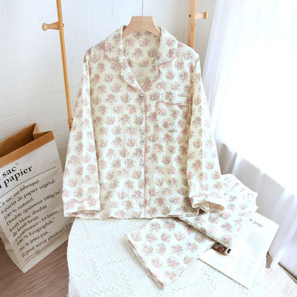Rachel – Einfaches zwei-teiliges Set aus langärmligen Hosen mit doppellagigem Garn-Crepé für Zuhause
