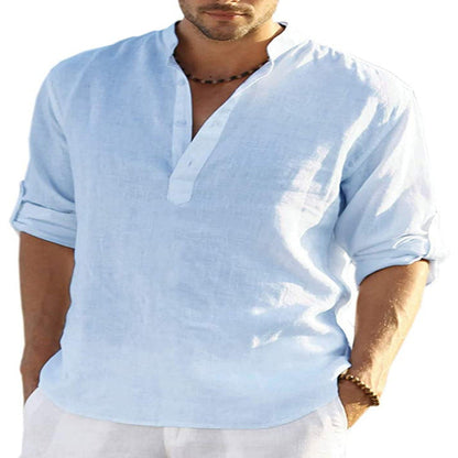 Herren Henley Shirt Langarm – Casual Sommerhemd mit Stehkragen für Freizeit, Büro und Urlaub