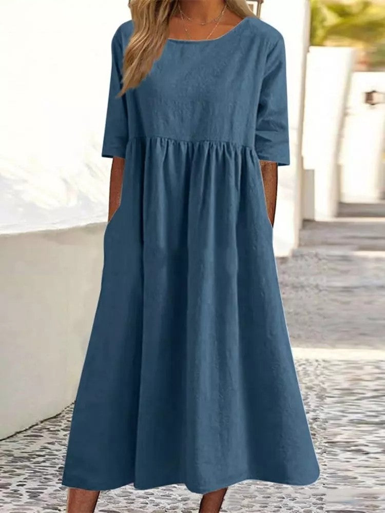 Imogen – Lässiges Damenkleid aus Baumwolle und Leinen mit kurzen Ärmeln und Taschen