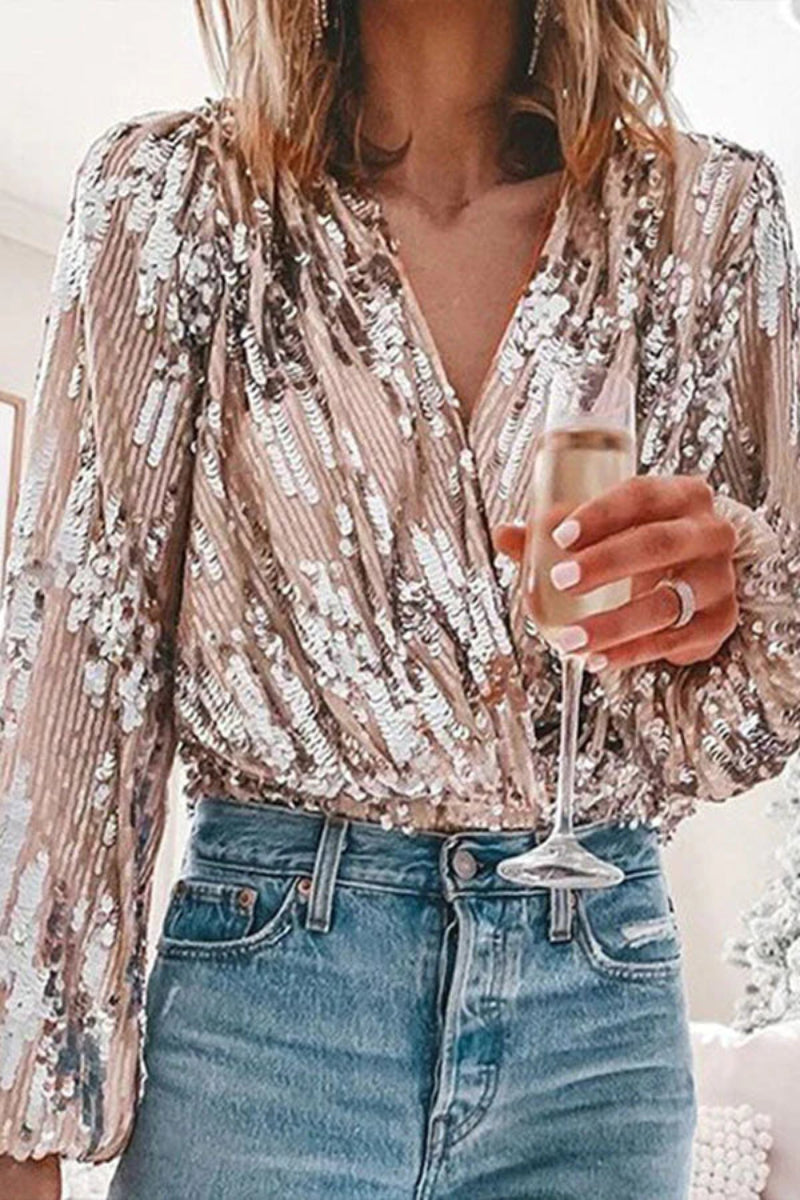 Damen Pailletten Bluse Elegant – Glänzende Party Oberteil mit Vintage Charme für festliche Anlässe