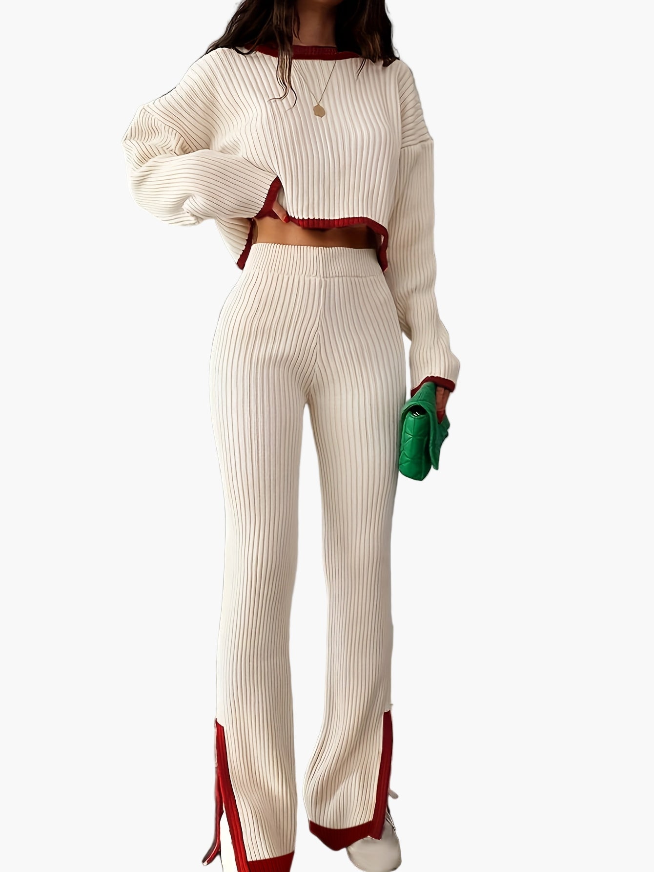 Damen Eleganter Strick-Zweiteiler Set mit weitem Bein – Modisches Outfit für Herbst und Winter