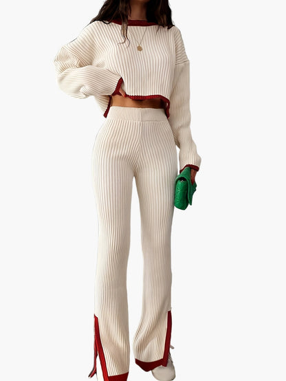 Damen Eleganter Strick-Zweiteiler Set mit weitem Bein – Modisches Outfit für Herbst und Winter