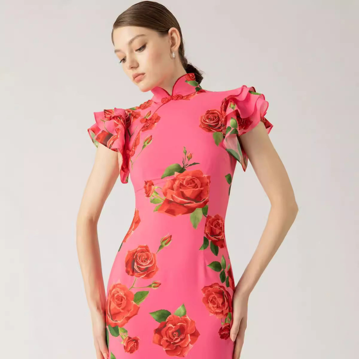 Amelia – Ärmelloses, lässiges, bedrucktes Kleid im nationalen Stil mit neuem chinesischen Cheongsam