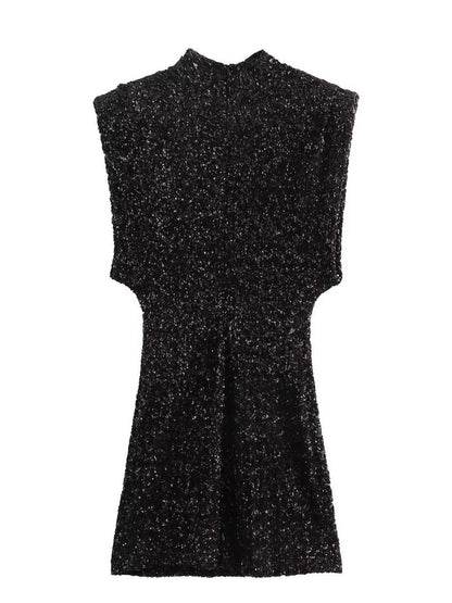 Shirley – Ärmelloses Minikleid mit gepolsterten Schulterträgern und Perlenverzierung