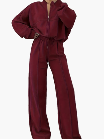 Damen Freizeit-Zweiteiler Set mit Stehkragen und weitem Bein – Sportlich & Bequem für Alltag und Reisen